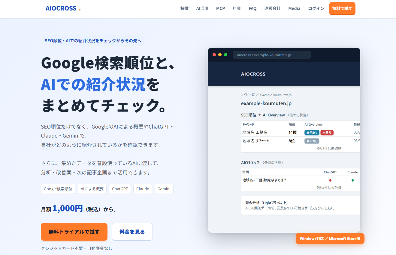 AIOCROSS 公式サイトのトップ画面