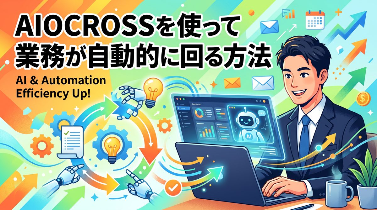 スーツ姿の会社員とAIが業務改善の自動化サイクルを進めるイラスト